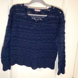 Grace Women's Crochet Top Navy Blue Sheer Sweater Long Sleeves Made in Italy